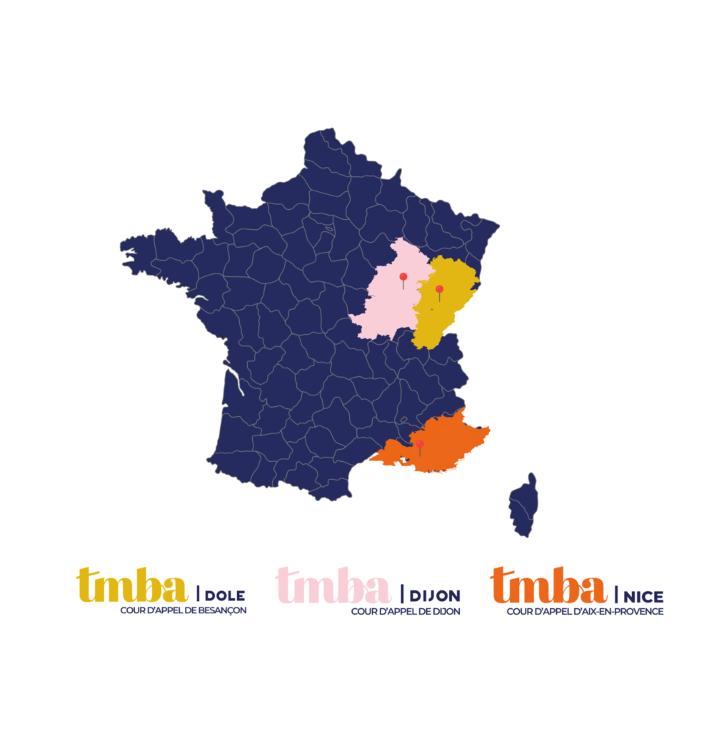 Carte des études de TMBA avec un point à Dole, un point à Dijon et un point à Nice