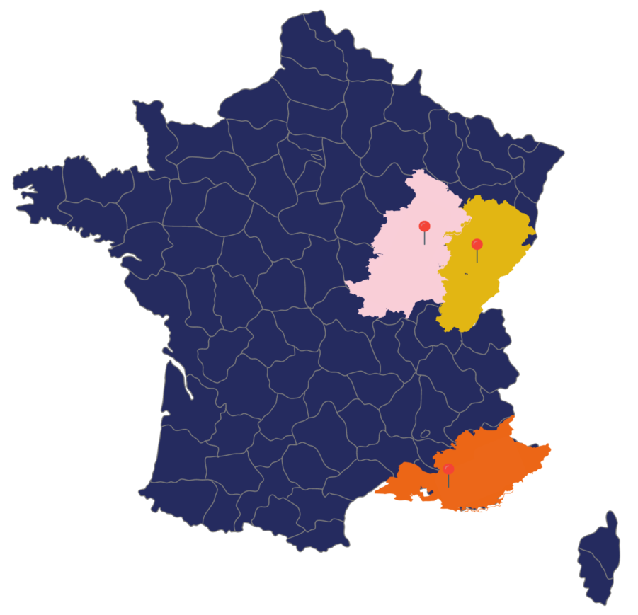 Carte des études de TMBA avec un point à Dole, un point à Dijon et un point à Nice